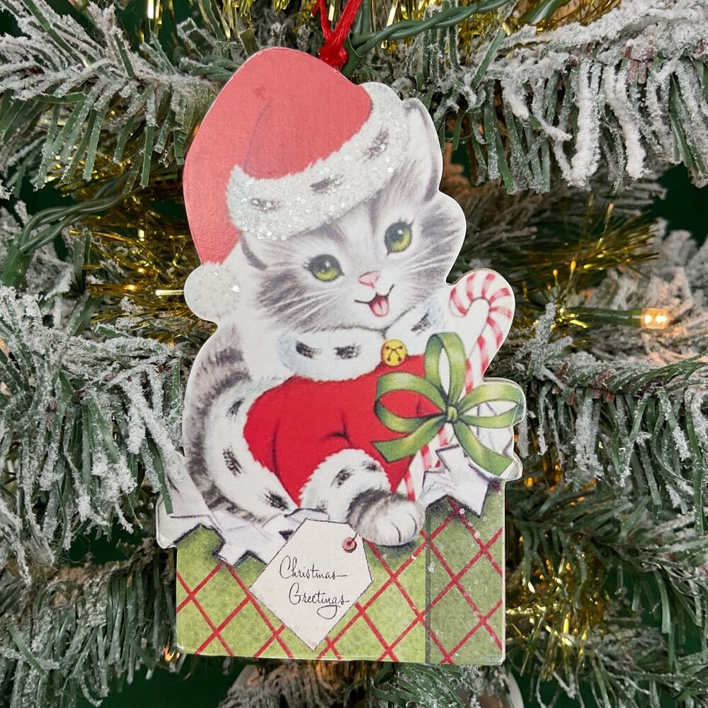 Vintage Style Black & White Puppy in Gift Box Christmas Ornament